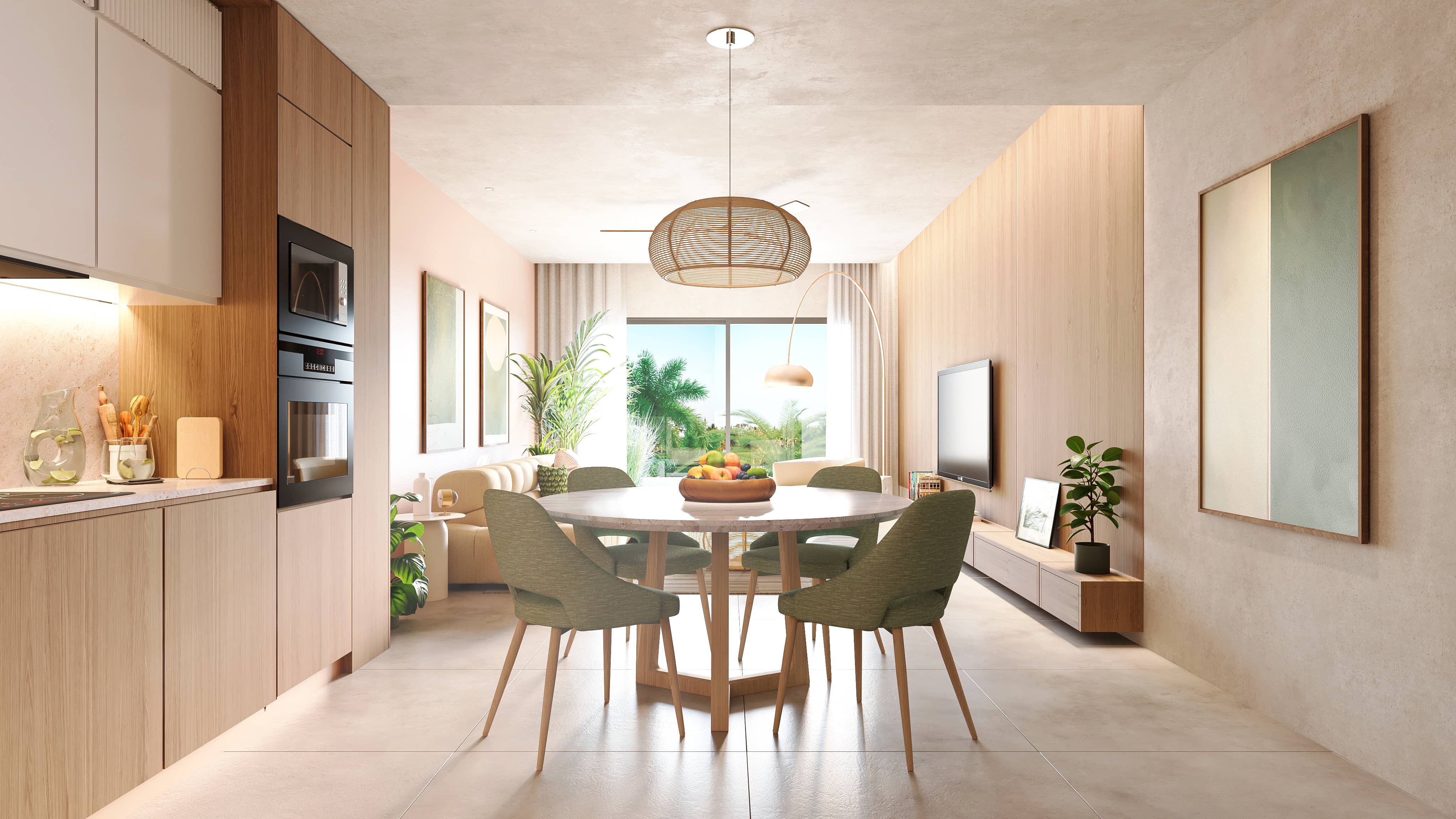 Sala de estar y comedor de The Gem con cocina integrada y vistas al golf